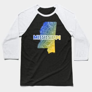 Colorful mandala art map of Mississippi with text in blue and yellow Baseball T-Shirt